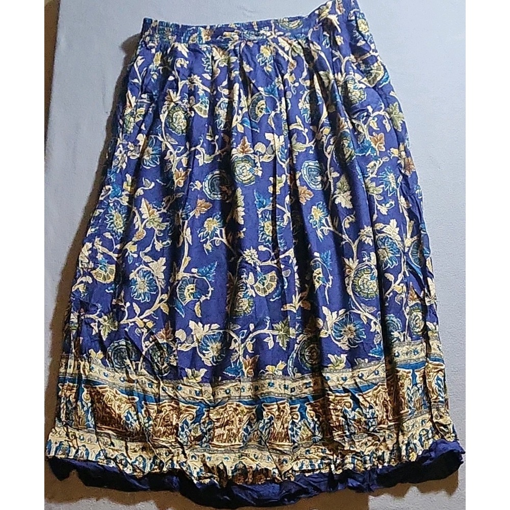 Jantzen Floral Layered Midi A-Line Skirt Blue Gold Rayon Elastic Waist Size 16